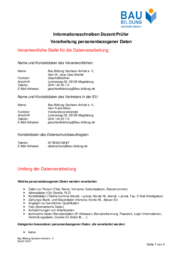 Informationsschreiben für Dozenten und Prüfer