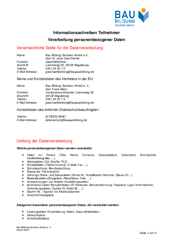 Informationsschreiben für Teilnehmer