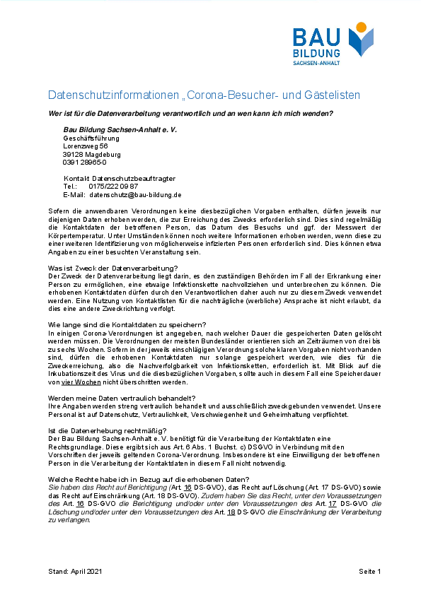 Datenschutzinformationen „Corona-Besucher- und Gästelisten