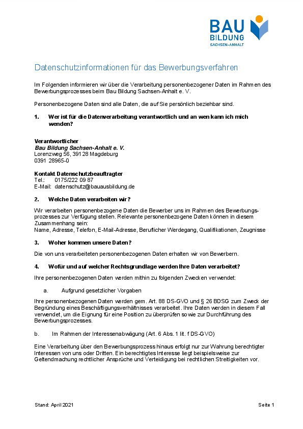 Datenschutzinformationen für das Bewerbungsverfahren
